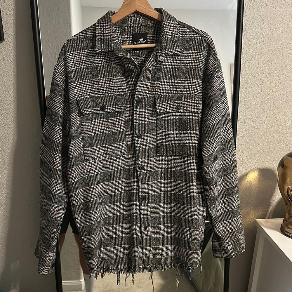 Men's Black and White Plaid Shirt Jacket